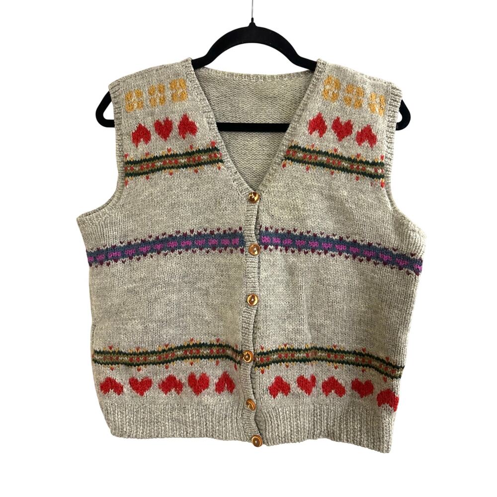 Vintage Hand Knit Handmade Button-Front Fair Isle Sweater Vest Hearts Prairie
